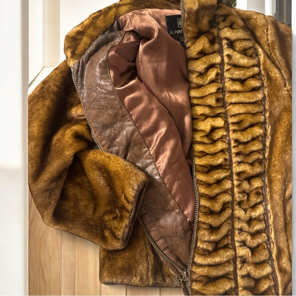 Alpine Studio Brown Faux Fur Jacket Ruched Distressed Faux Leather Trim Zipper - Picture 5 of 12